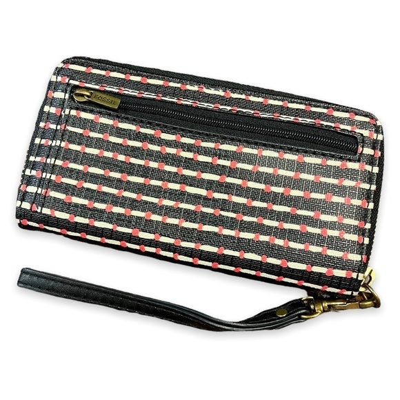 Fossil Madison Zip Around Clutch Wallet Wristlet Black White Stripes Red Dots - Picture 7 of 10